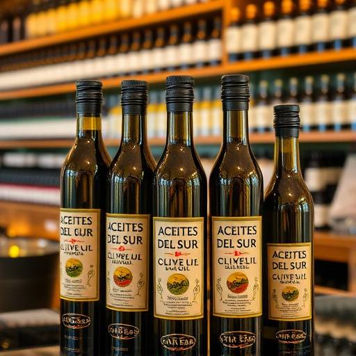 Botellas de aceite de oliva virgen extra de Aceites del Sur presentadas en una tienda gourmet