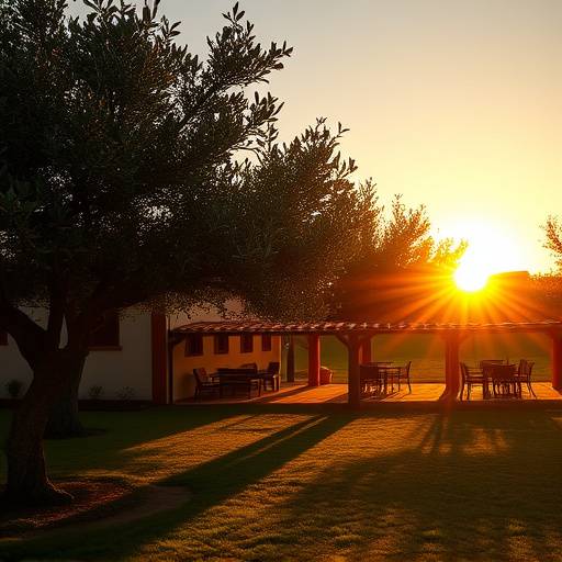 Hacienda olivarera iluminada por el sol al atardecer