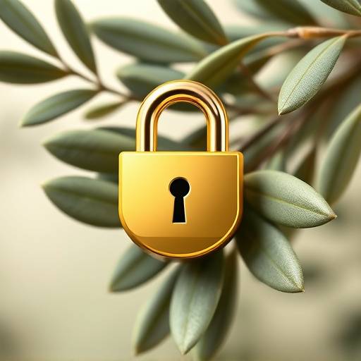 Icono de privacidad, un candado dorado sobre un fondo de hojas de olivo