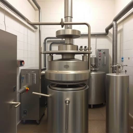 Interior de una almazara mostrando la maquinaria de prensado en fr&iacute;o del aceite de oliva