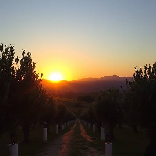 Paisaje de una hacienda olivarera al atardecer con monta&ntilde;as al fondo