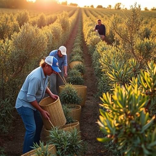 Trabajadores recolectando aceitunas en un campo de olivos durante la cosecha