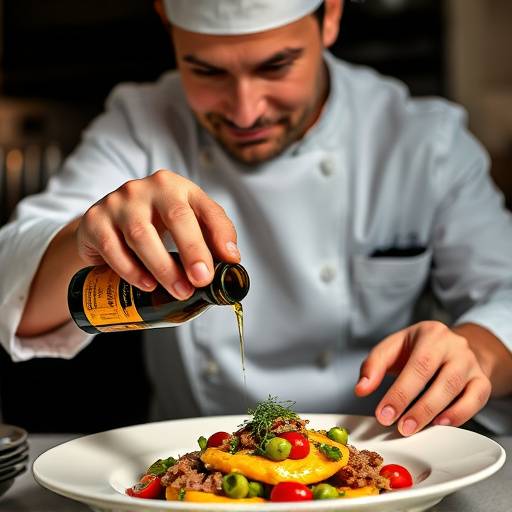 Un chef preparando un plato gourmet con aceite de oliva virgen extra