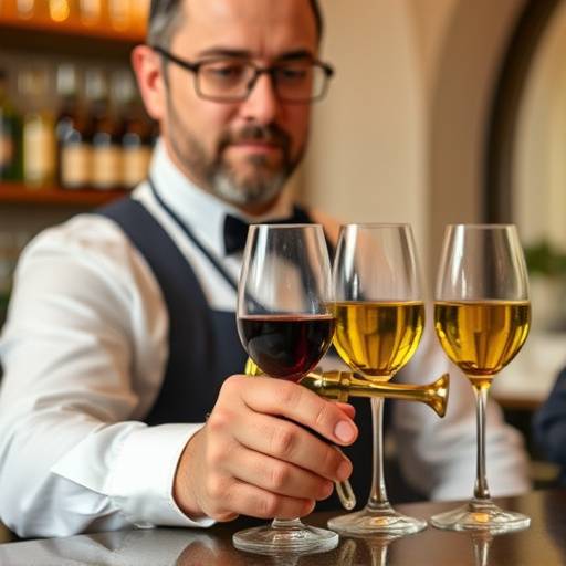 Un sumiller experto sirviendo una cata de aceite de oliva en copas de degustaci&oacute;n