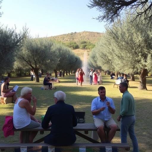 Visitantes disfrutando de un picnic en un olivar centenario durante una visita tur&iacute;stica
